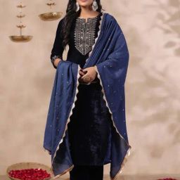 Ishin Navy Embroidered Kurta With Pant & Dupatta-image-26