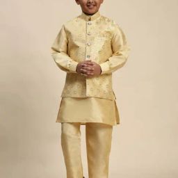 Pro-Ethic Style Developer Boys Yellow Sequence Full Sleeves Self Design Kurta Sets image 5
