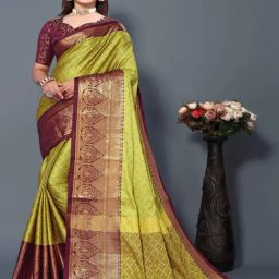 APNISHA Green & Brown Woven Saree With Unstitched Blouse-picture-1