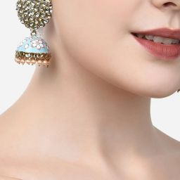 Zaveri Pearls Turquoise Blue & Pink Meenakari Kundan Ethnic Jhumki Earrings-ZPFK15177 image 2