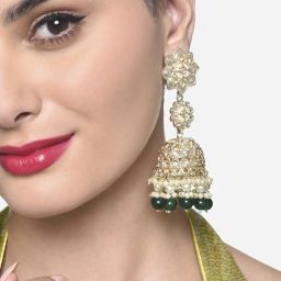 Zaveri Pearls Green Cluster Beads & Dazzling Kundan Embellished Statement Jhumki Earrings-ZPFK16208 image 2