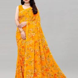 Satrani Turmeric Yellow Georgette Floral Printed Saree with Unstitched Blouse Piece-image-72