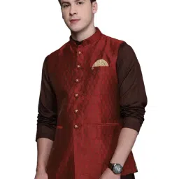 Manyavar Maroon Regular Fit Self Pattern Nehru Jacket-image-126