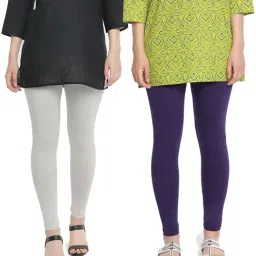 Dollar Missy Light Grey & Purple Cotton Leggings (Pack of 2)-picture-29