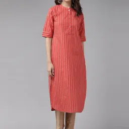 YASH GALLERY Red Cotton Striped Straight Kurta-image-33
