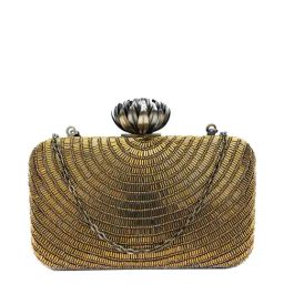 NR by Nidhi Rathi Golden Fabric Minaudiere Clutch-image-74
