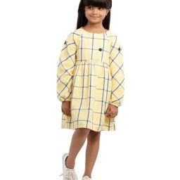 Under Fourteen Only Kids Yellow Cotton Chequered Full Sleeves Dress-image-52