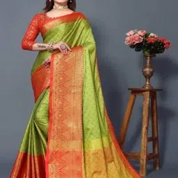 APNISHA Green & Red Woven Saree With Unstitched Blouse-image-73