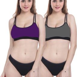 AROUSY Purple & Grey Cotton Bra Panty Set - Pack Of 2-picture-2