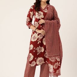 FERANOID Floral Printed Pure Cotton Kurta With Trousers & Dupatta-image-86