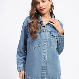 MADAME Blue Cotton Regular Fit Denim Jacket-image-78