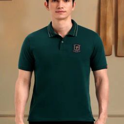 Peter England Green Cotton Regular Fit Logo Printed Polo T-Shirt-image-36