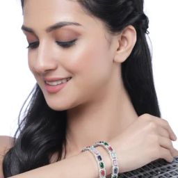 Zeneme Rhodium Plated Silver Toned American Diamond Studded Bangles Set of 2 image 3