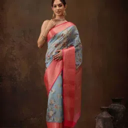 Silk Land Blue & Pink Silk Woven Saree With Unstitched Blouse-picture-23