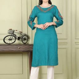 W Blue Embroidered Straight Kurta-image-37