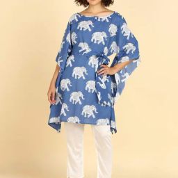 Maaesa Blue Cotton Printed Three-Quarter Sleeves Kaftan Kurta-picture-48