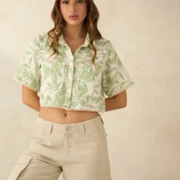 VIRGIO Green Cotton Print Short Sleeves Shirt-image-58