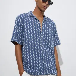ETA by Westside Blue Chevron Embroidered Relaxed-Fit Cotton Shirt-image-50