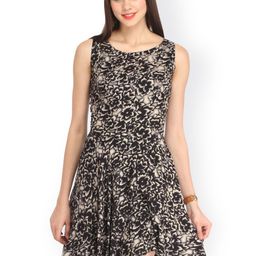 Cation Black & Cream-Coloured Floral Print Fit & Flare Dress-image-35