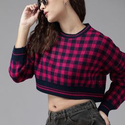 Roadster Women Navy Blue & Pink Checked Crop Pullover-13