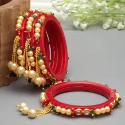 Zeneme Gold Plated Kundan & Drop Pearl Premium Synthetic Bangles for Women Set of 4-image-81