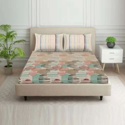 Spaces Geometry Brown 100% Cotton 144 TC Queen Fitted Bedsheet with 2 Pillow Covers-image-71