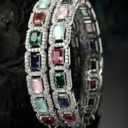 Zeneme Rhodium Plated Silver Toned American Diamond Studded Bangles Set of 2-0