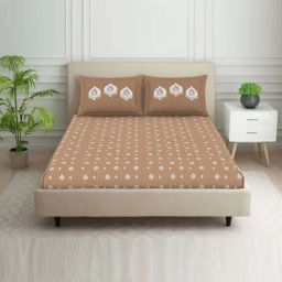Spaces Ditsy Brown 100% Cotton 144 TC Queen Fitted Bedsheet with 2 Pillow Covers-image-75