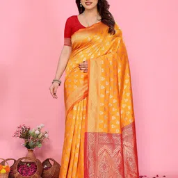HERE&NOW Ethnic Motifs Zari Pure Silk Banarasi Saree-image-44