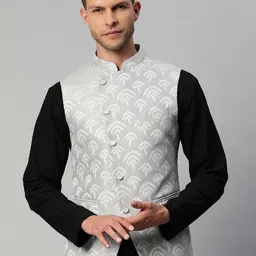 MANQ Men Grey & White Woven Design Nehru Jacket-26