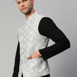MANQ Men Grey & White Woven Design Nehru Jacket image 4