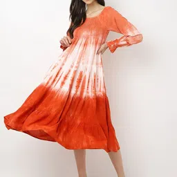 SAKURA Tie and Dye Dyed Puff Sleeve Fit & Flare Midi Dress-image-54