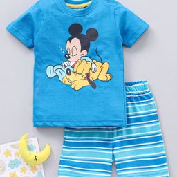 Babyhug Half Sleeves T Shirt with Shorts Mickey Mouse Print - Blue-image-5