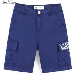 Arias Cotton Stretch Twill Overdye Shorts with Cargo Pockets & Print - Navy-image-16