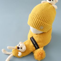 Babyhug Teddy Applique Woollen Cap and Muffler Set Medium Size Yellow - Diameter 11.5 cm-image-22