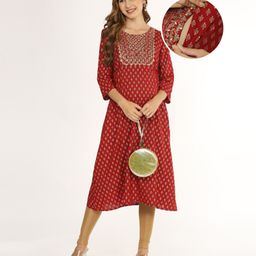 Bella Mama Three Fourth Sleeves Yoke Embroidered Maternity Kurta Gold Print - Red-picture-32
