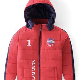 Pine Kids Woven Full Sleeves Medium Winter Hooded Jacket With Text Print - Red-28