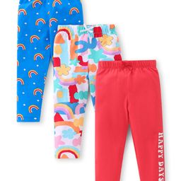 Babyhug Cotton Lycra Knit Full Length Leggings Rainbow Floral & Text  Print Pack of 3 - Blue  & Red-image-53