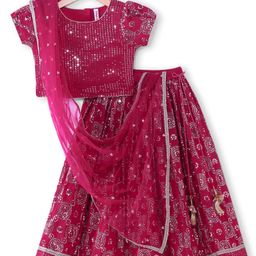 Babyhug Short Sleeves Sequence & Embroidered Lehenga Choli with Dupatta Set - Pink-image-99