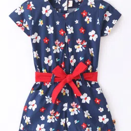 Dew Drops Woven Half Sleeves Floral Printed Jumpsuit - Navy Blue-picture-6