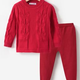 Kookie Kids Full Sleeves Pullover Sweater Set With Solid Colour & Cable Knit Design - Red-image-42