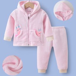 Kookie Kids Full Sleeves Winter Wear Hooded Sweatjacket & Lounge Pant Set with Bunny Patch- Pink-image-47