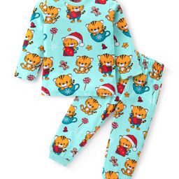 Babyhug Cotton Knit Full Sleeves Night Suit With Tiger Print - Aqua Blue-picture-19