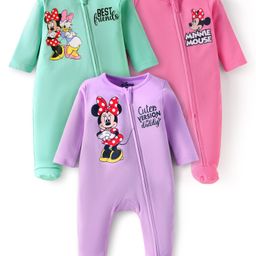 Babyhug Disney Interlock Knit Full Sleeves Footed Sleep Suits With Minnie & Friends Graphics Pack of 3 - Purple Pink & Green-picture-7