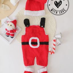 Woonie Sleeveless Crochet Santa Claus Designed Dungaree With Cap & Booties - Red-image-43