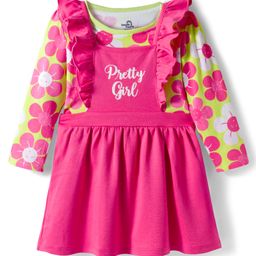 Doodle Poodle Single Jersey Knit Full Sleeves Inner Tee with Frock with Floral Print & Frill Detailing - Dark Pink-picture-43