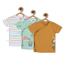 MINI KLUB Cotton Pack Of 3 Half Sleeves Striped & Baby Animals Printed Jhablas - White Green & Brown-picture-24