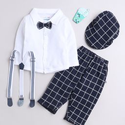 BUMZEE Interlock Knit Full Sleeves Shirt with Attached Bow & Pant Set With Suspender Cap with Checks - Navy Blue & White-image-62