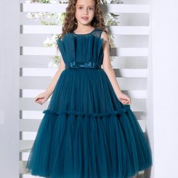 Ministitch Net Sleeveless Pleated Bow Applique Detailed Tiered Gown - Teal Blue-image-30