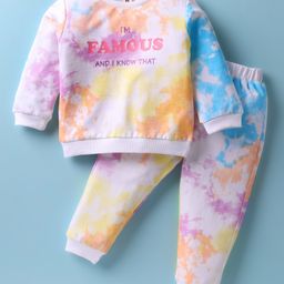 ToffyHouse 100% Cotton Knit Full Sleeves T-Shirt & Lounge Pants Co-Ord Set With Text & Tie Dye Print - White & Pink-image-76